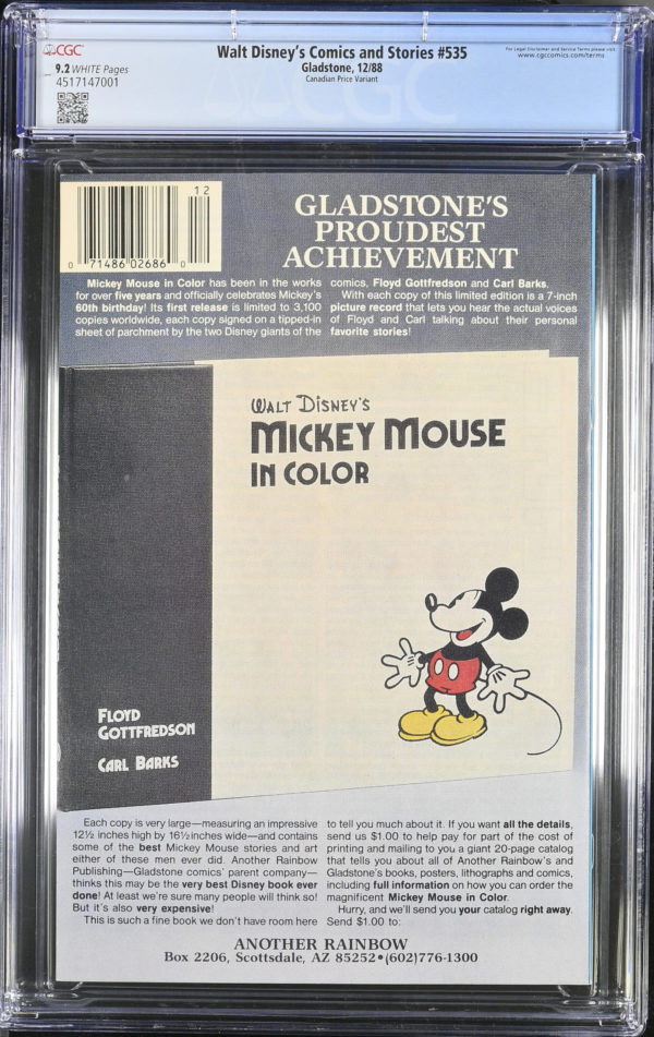 <b>CGC Graded [9.2] Gladstone<Br>Walt Disney's Comics and Stories #535</b><br><p style="font-size:10px"> Canadian Price Variant</p> - Image 2