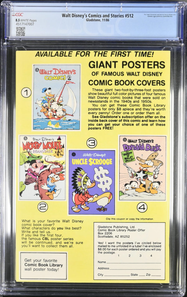<b>CGC Graded [8.5] Gladstone<Br>Walt Disney's Comics and Stories #512</b><br><p style="font-size:10px"> Daan Jippes cover & art</p> - Image 2