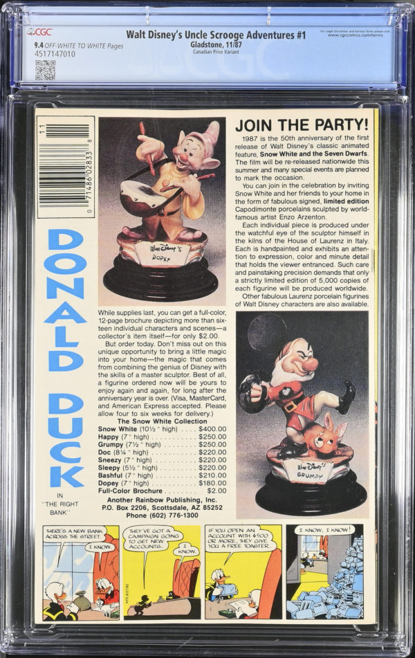 <b>CGC Graded [9.4] Gladstone<Br>Walt Disney's Uncle Scrooge Adventures #1</b><br><p style="font-size:10px"> Canadian Price Variant</p> - Image 2