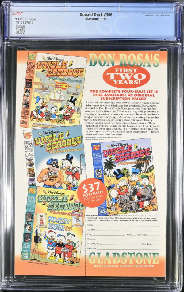<b>CGC Graded [9.4] Gladstone<Br>Donald Duck #306</b><br><p style="font-size:10px"> Walt Disney Walt Kelly cover</p> - Image 2