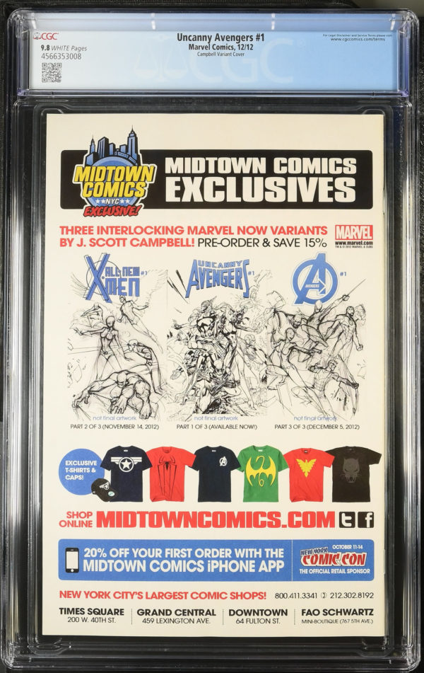 <b>CGC Graded [9.8] Marvel<Br>Uncanny Avengers #1</b><br><p style="font-size:10px"> Campbell Midtown Variant</p> - Image 2