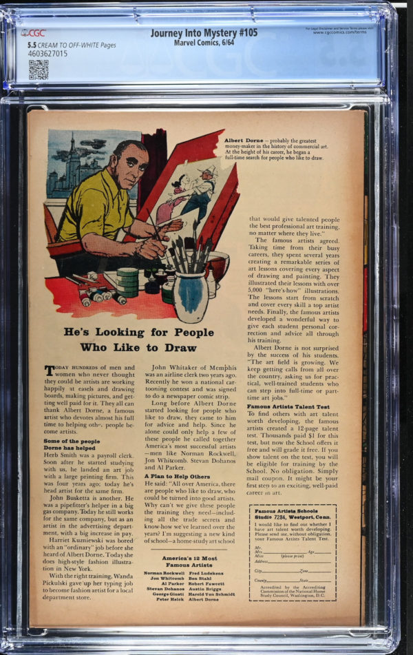 <b>CGC Graded [5.5] Marvel<Br>Journey into Mystery #105</b><br><p style="font-size:10px"> Silver Age Avengers & Cobra App</p> - Image 2