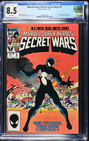 <b>CGC Graded [8.5] Marvel<Br>Secret Wars #8</b><br><p style="font-size:10px"> 1st App Black Suit Costume</p>