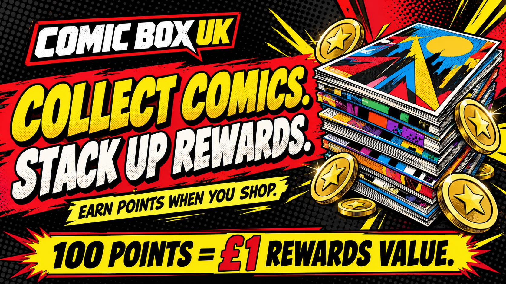 Comic Box UK Rewards artwork with comic packs, reward tokens and the headline Collect Comics, Stack Up Rewards.